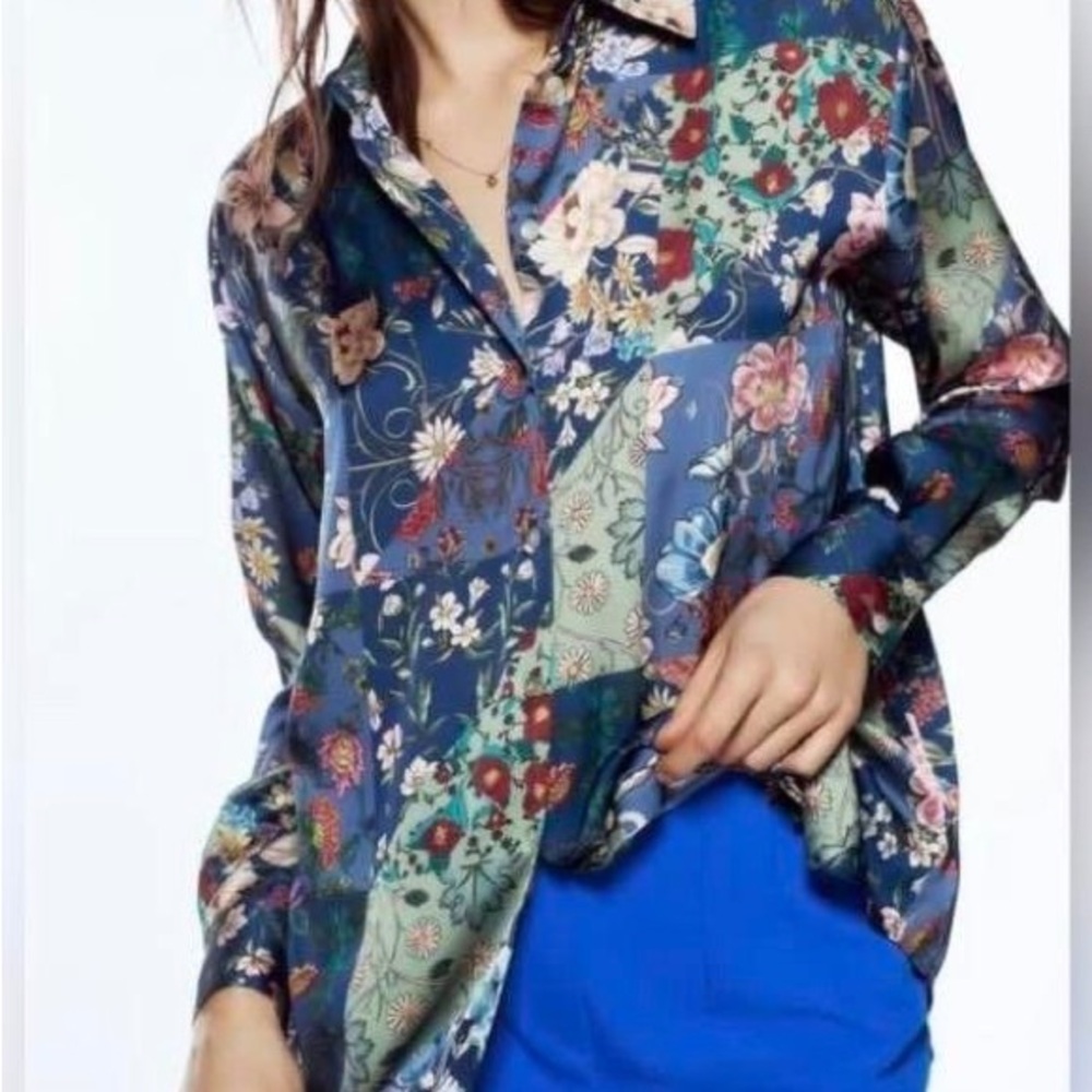 Zara Men's Floral Patchwork Shirt - Navy and Green